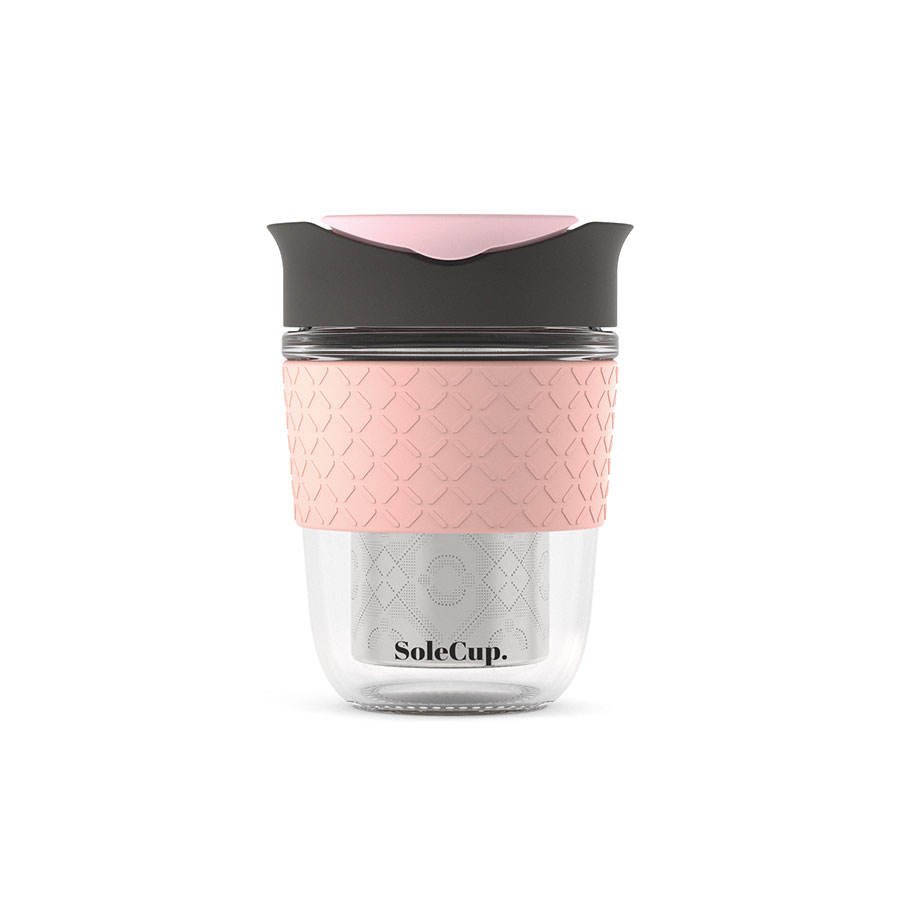 SoleCup theebeker met filter, klein en roze met grijs
