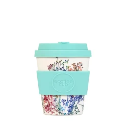 Ecoffee cup little canning 8oz - kleine koffiebeker met mint blauwe deksel en sleeve, bloemenpatroon